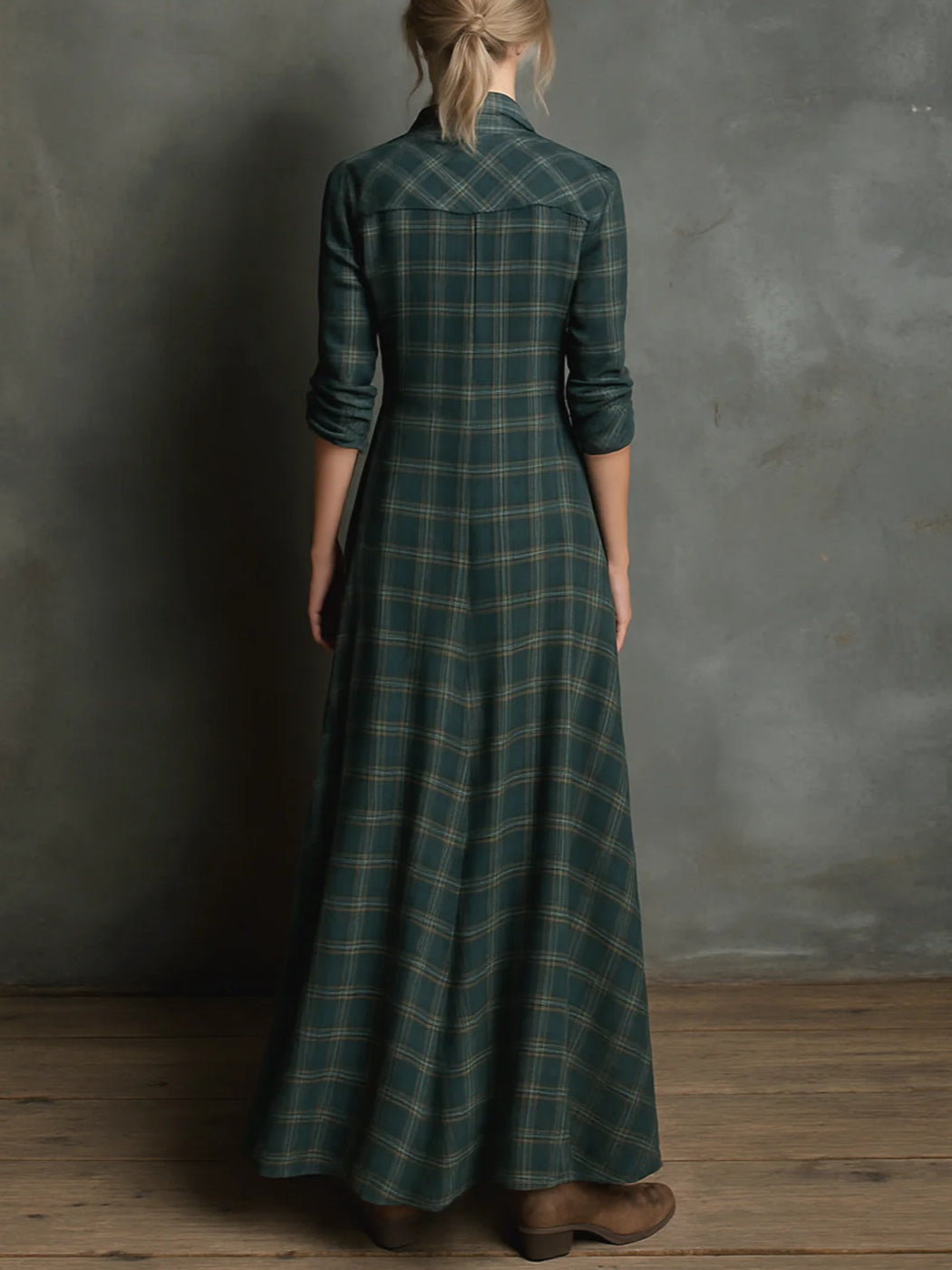 Jaelyn - Vestido Maxi Com Lapelas Xadrez Verdes