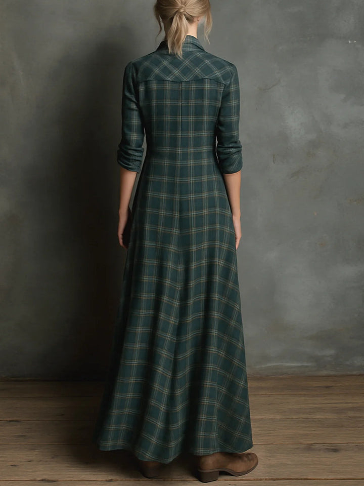 Jaelyn - Vestido Maxi Com Lapelas Xadrez Verdes