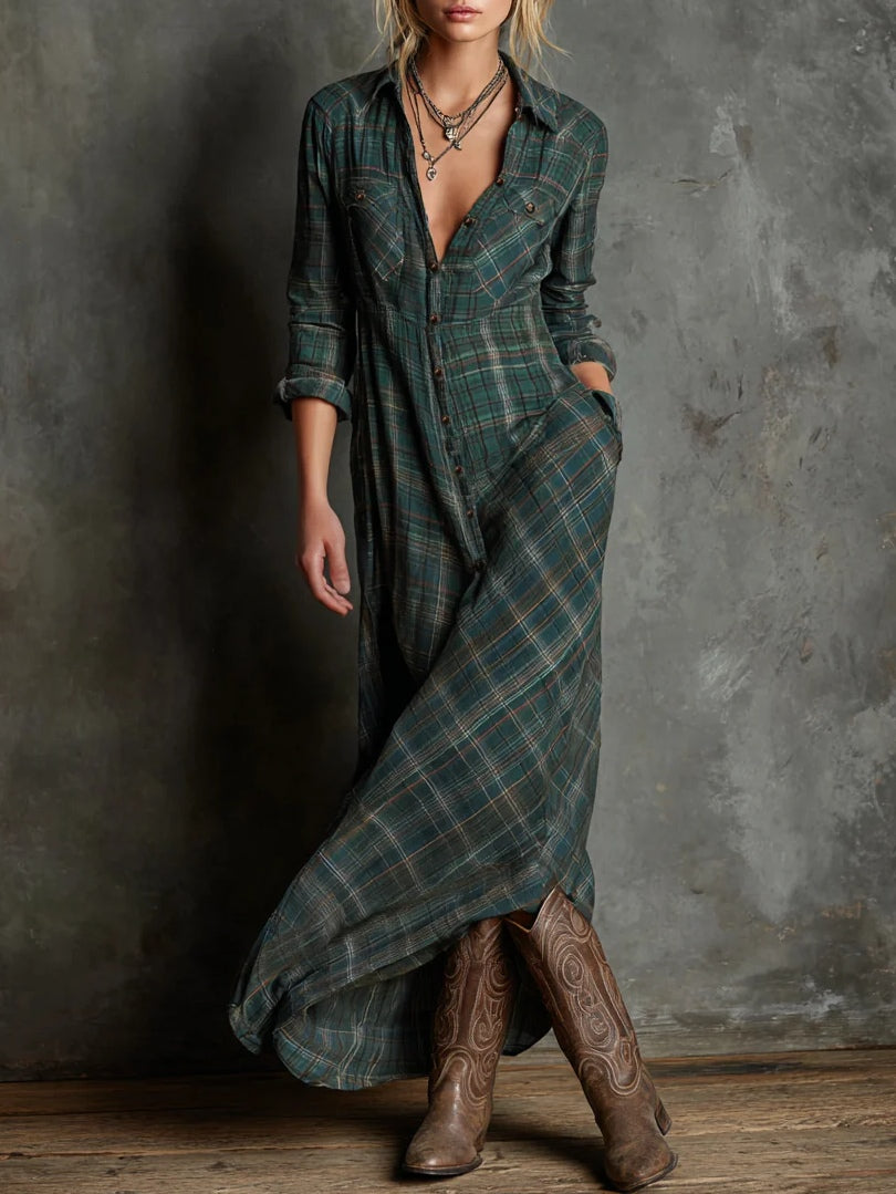 Jaelyn - Vestido Maxi Com Lapelas Xadrez Verdes