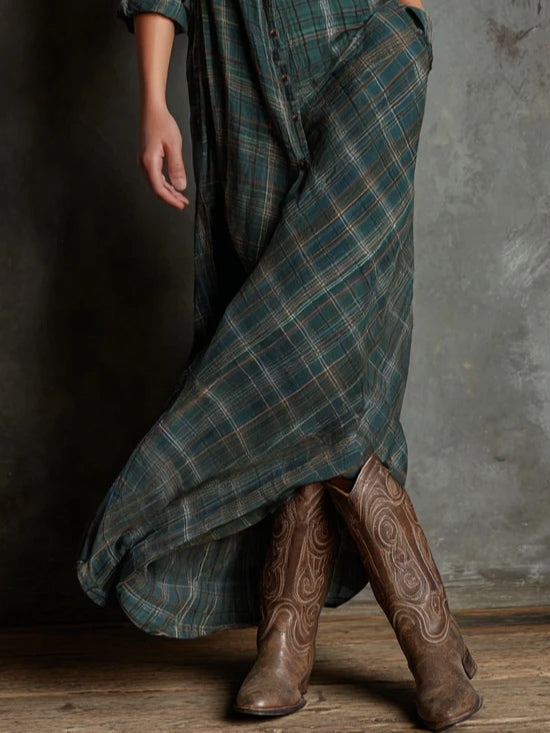 Jaelyn - Vestido Maxi Com Lapelas Xadrez Verdes
