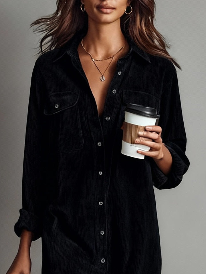 Nurcan - Vestido-Camisa com Textura de Veludo Cotelê e Bolsos