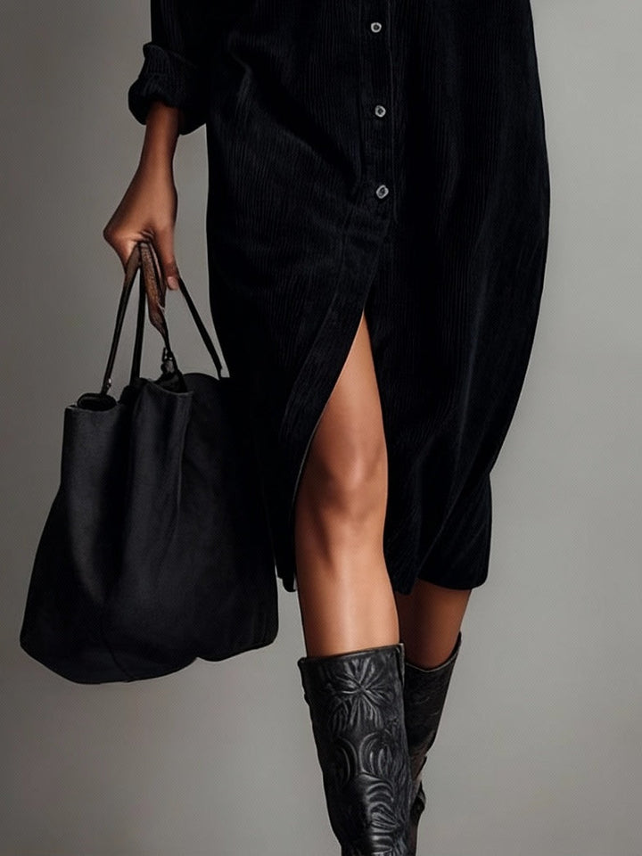 Nurcan - Vestido-Camisa com Textura de Veludo Cotelê e Bolsos