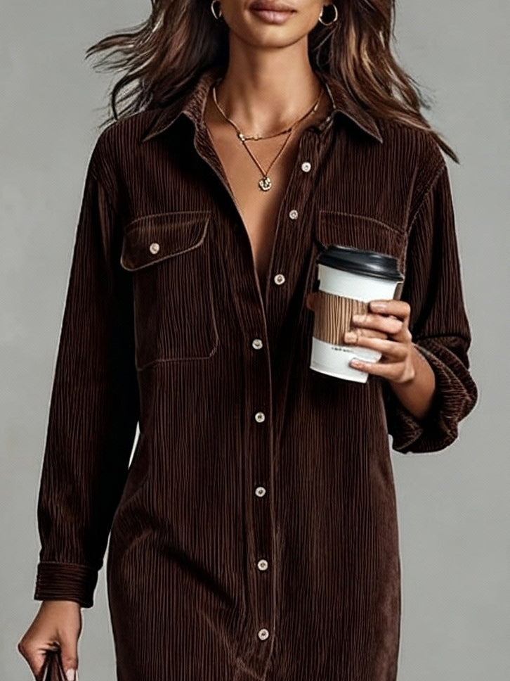 Nurcan - Vestido-Camisa com Textura de Veludo Cotelê e Bolsos