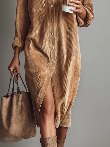 Nurcan - Vestido-Camisa com Textura de Veludo Cotelê e Bolsos