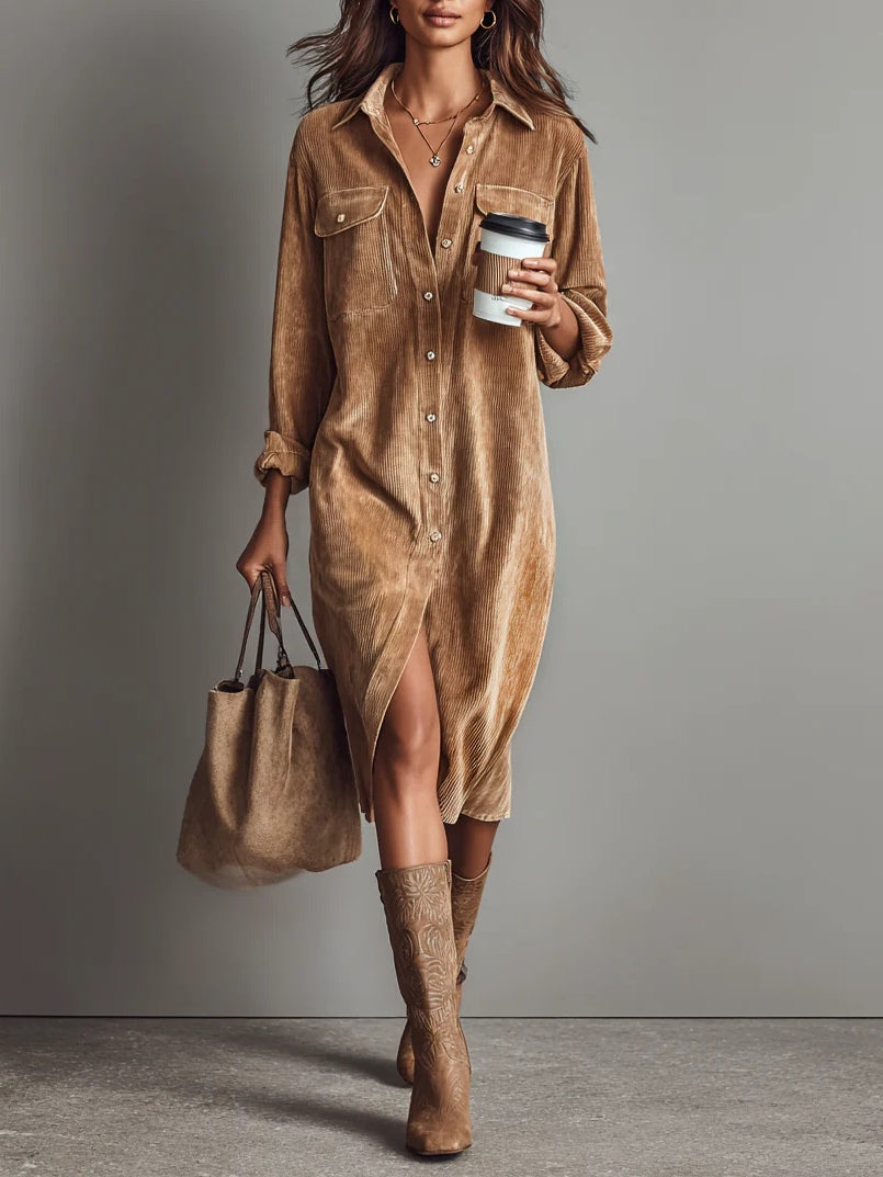 Nurcan - Vestido-Camisa com Textura de Veludo Cotelê e Bolsos