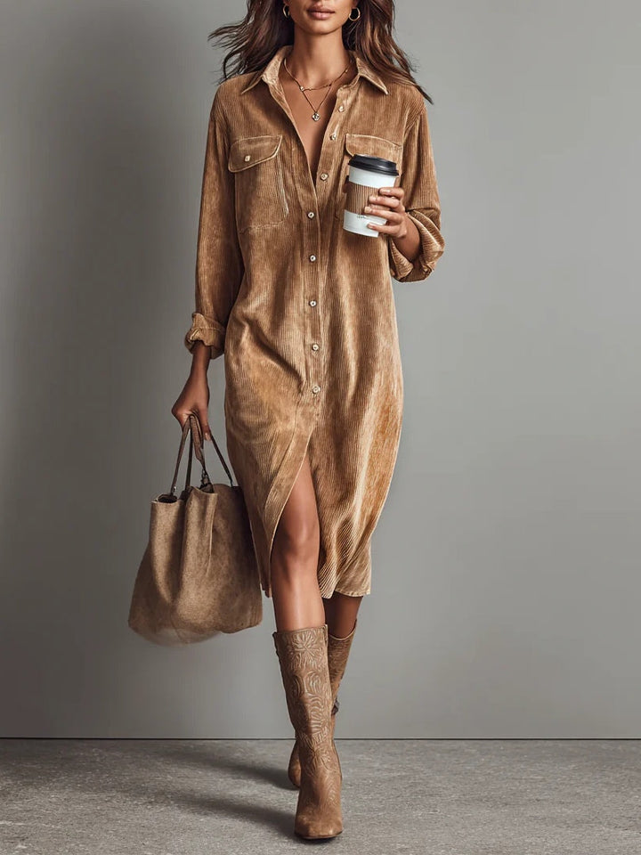 Nurcan - Vestido-Camisa com Textura de Veludo Cotelê e Bolsos