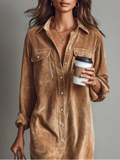 Nurcan - Vestido-Camisa com Textura de Veludo Cotelê e Bolsos