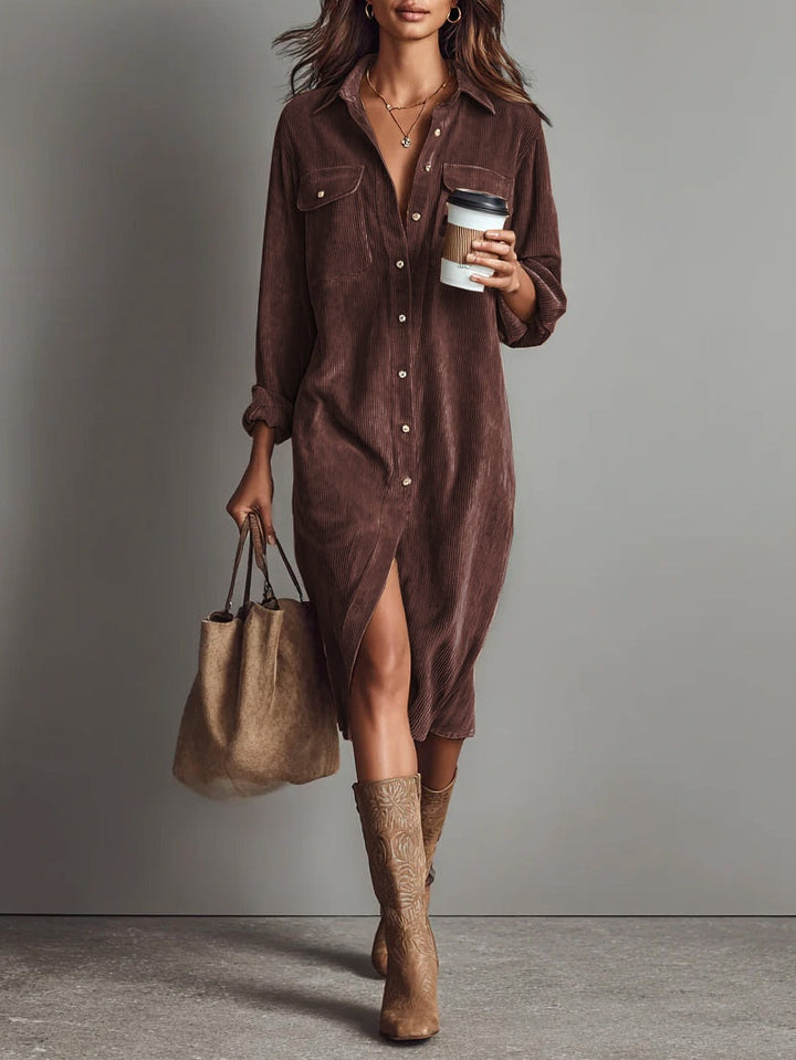 Nurcan - Vestido-Camisa com Textura de Veludo Cotelê e Bolsos