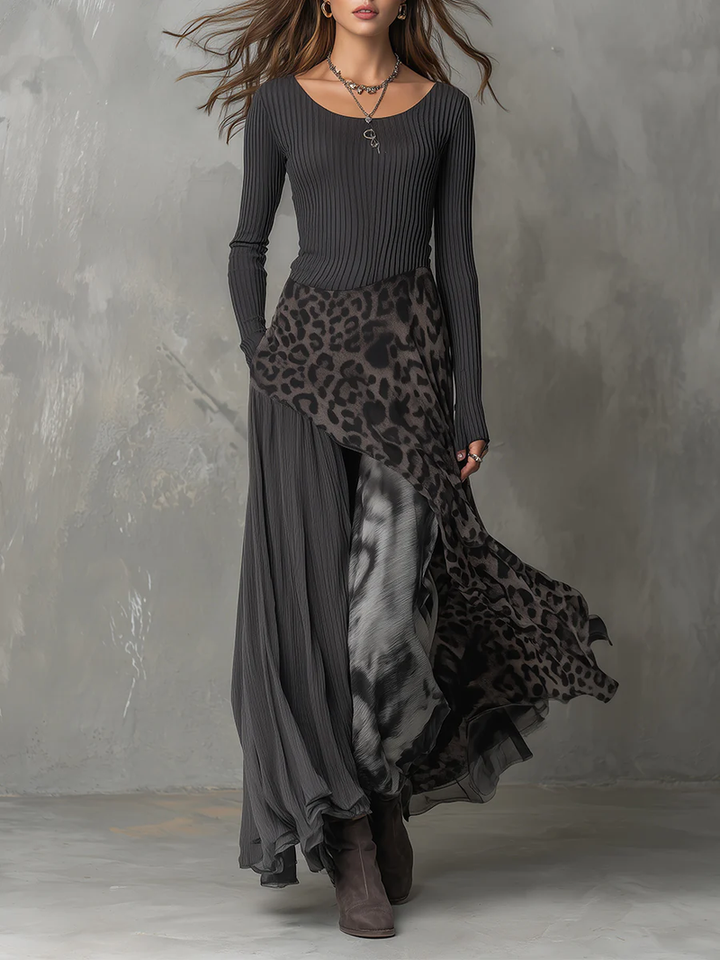 Nkem - Vestido Maxi Com Estampado Leopardo às Riscas