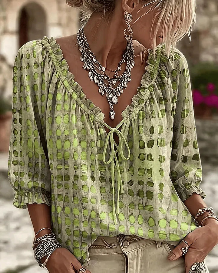 Orlyna - Blusa Com Laços E Padrão De Bolinhas Com Decote Em V