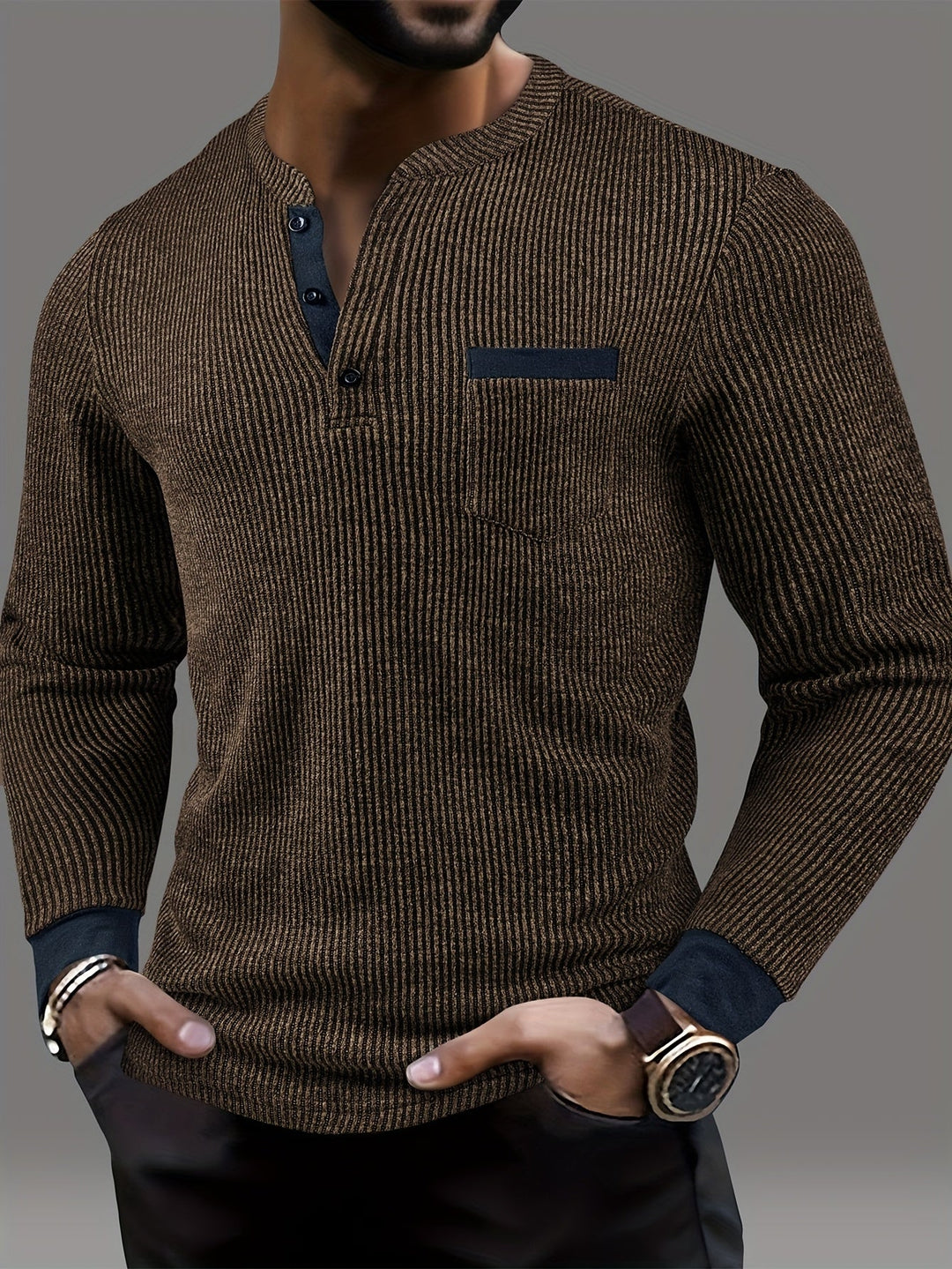 Deegan - Camisa Henley De Manga Comprida Com Gola Às Riscas Texturizada