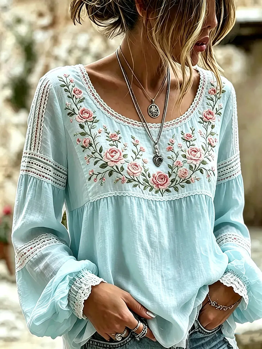 Esraa - Blusa De Linho Com Gola Bordada Com Motivos Florais