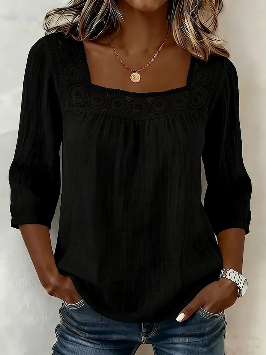 Nozomi - Blusa De Patchwork Com Renda E Decote Quadrado