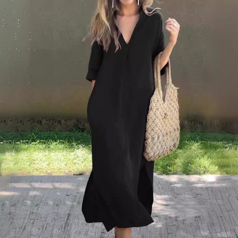 Ramune - Vestido Casual de Linho Com Decote em V