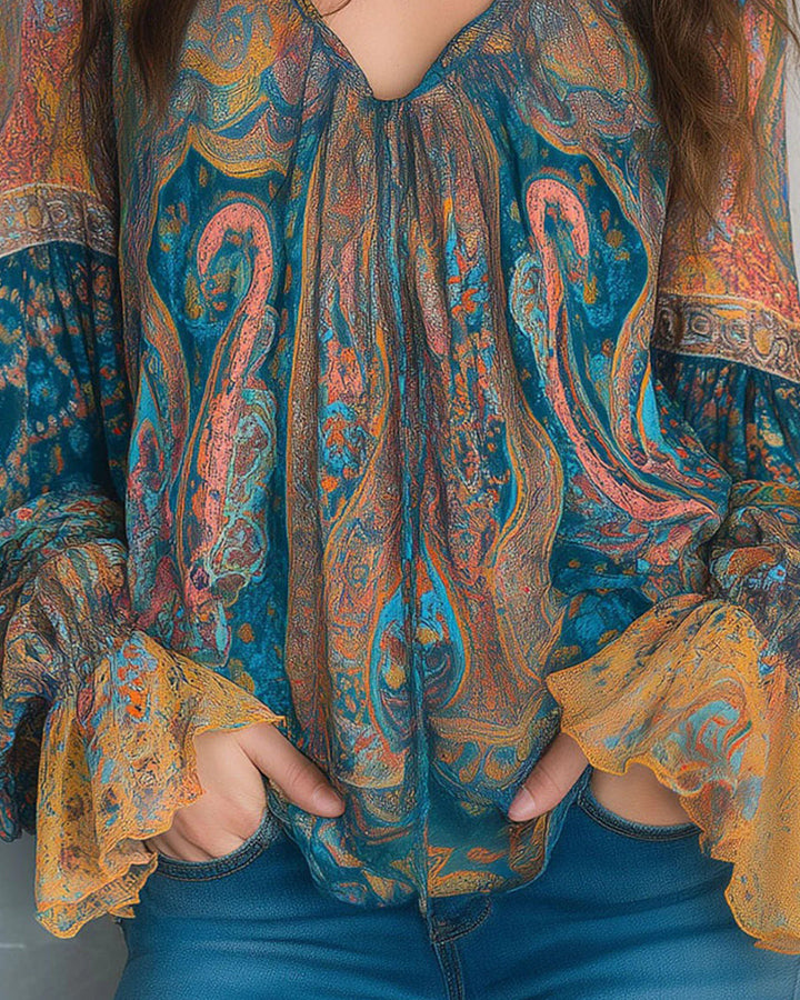 Izabella - Blusa Estilo Boémia Com Decote Em V e Mangas Largas