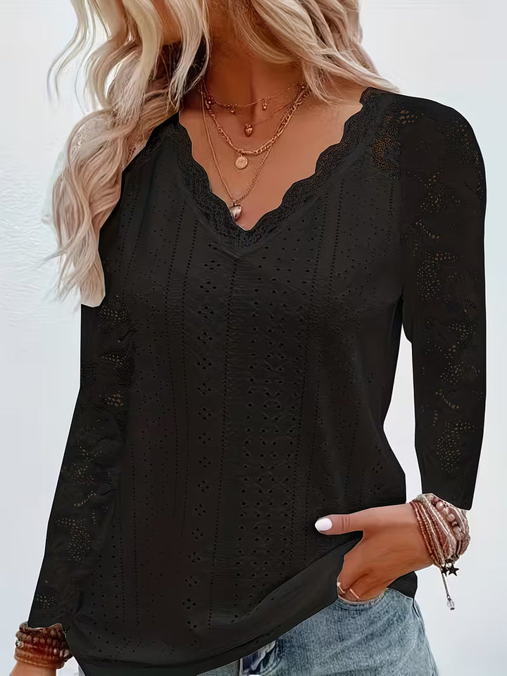 Shaleva - Camisa Elegante de Manga Comprida Com Decote em V Com Renda