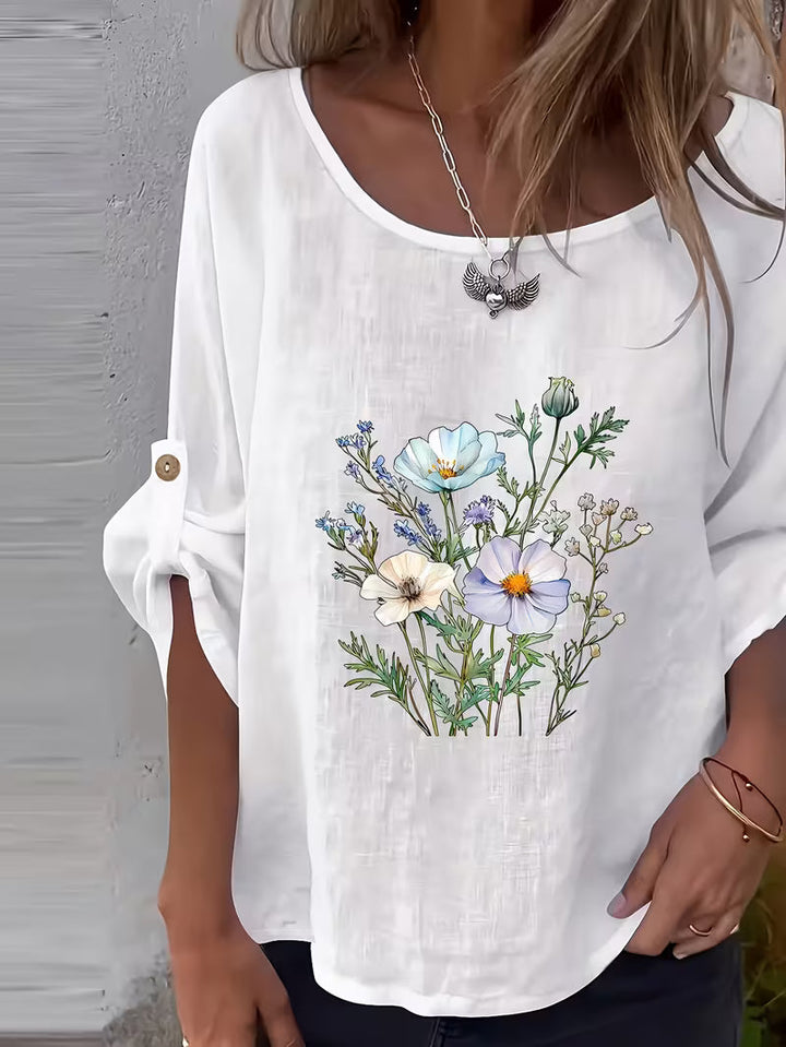 Sheril - Top Largo Com Mangas Com Aba Enrolável e Padrão Floral
