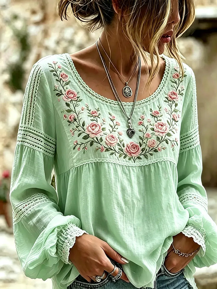 Esraa - Blusa De Linho Com Gola Bordada Com Motivos Florais