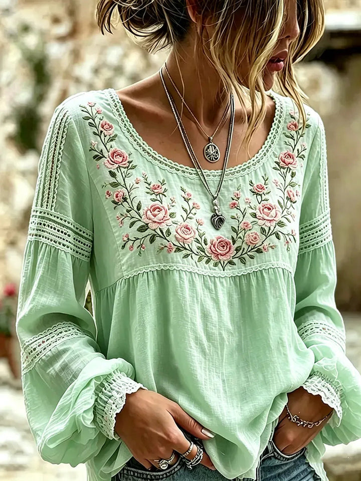 Esraa - Blusa De Linho Com Gola Bordada Com Motivos Florais