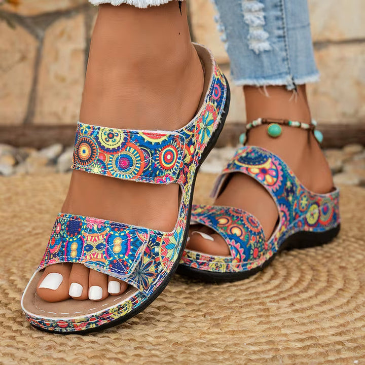 Dhifef - Sandália De Verão Com Salto Grosso E Padrão Estampado
