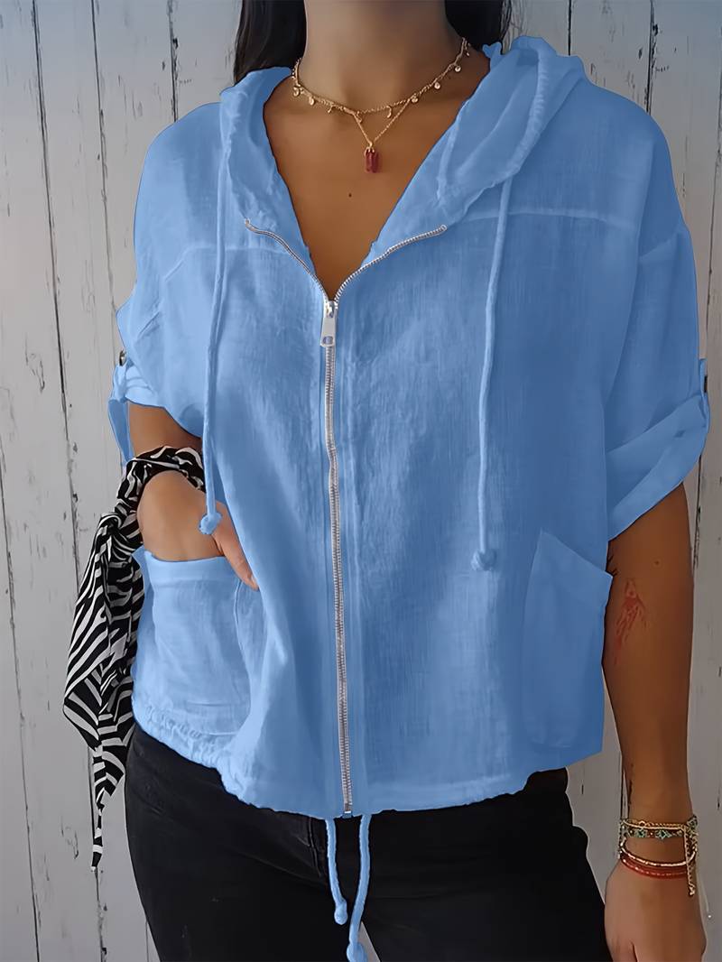 Senushi - Camisa de Manga Curta Folgada Com Capuz e Fecho de Correr