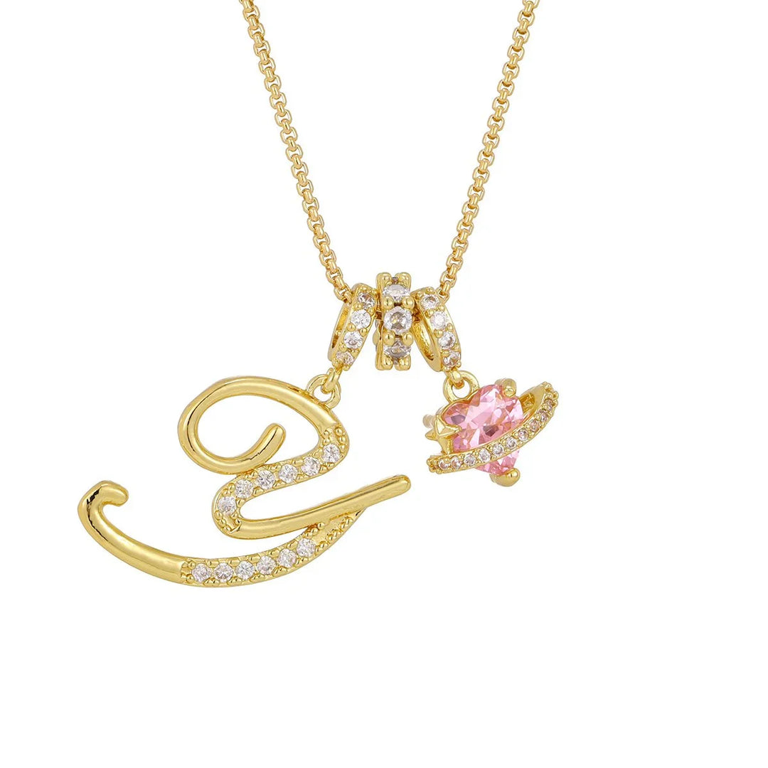 Nerute - Colar Com Inicial e Pingente em Forma de Coração Rosa