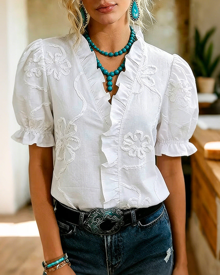 Lillynn - Blusa Com Decote Em V Acabamento Com Folhos E Mangas Bufantes