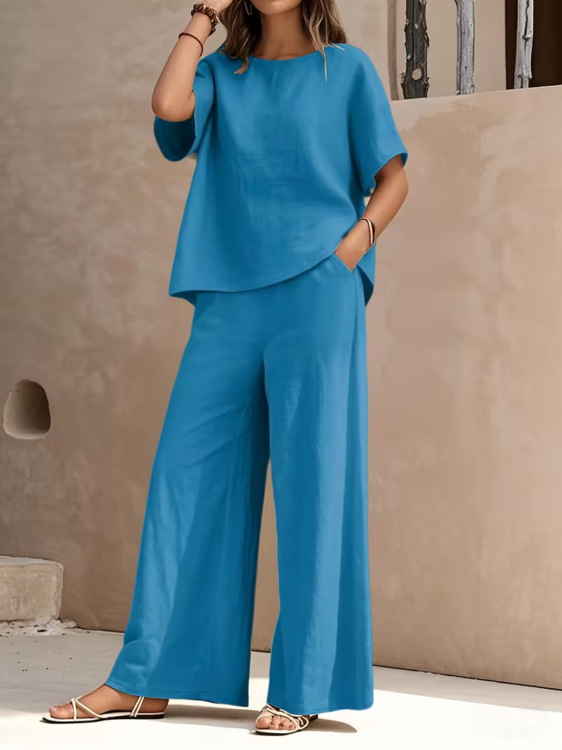 Josy - Conjunto de Camisa de Manga Curta e Calças de Perna Larga