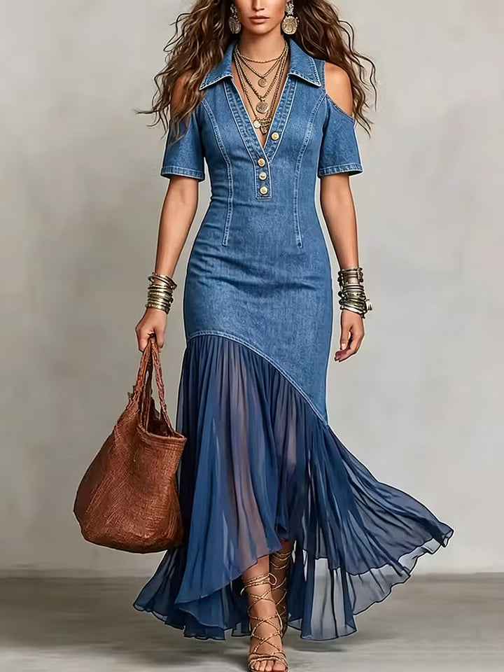 Presley - Vestido Comprido de Ganga Com Detalhe de Botões