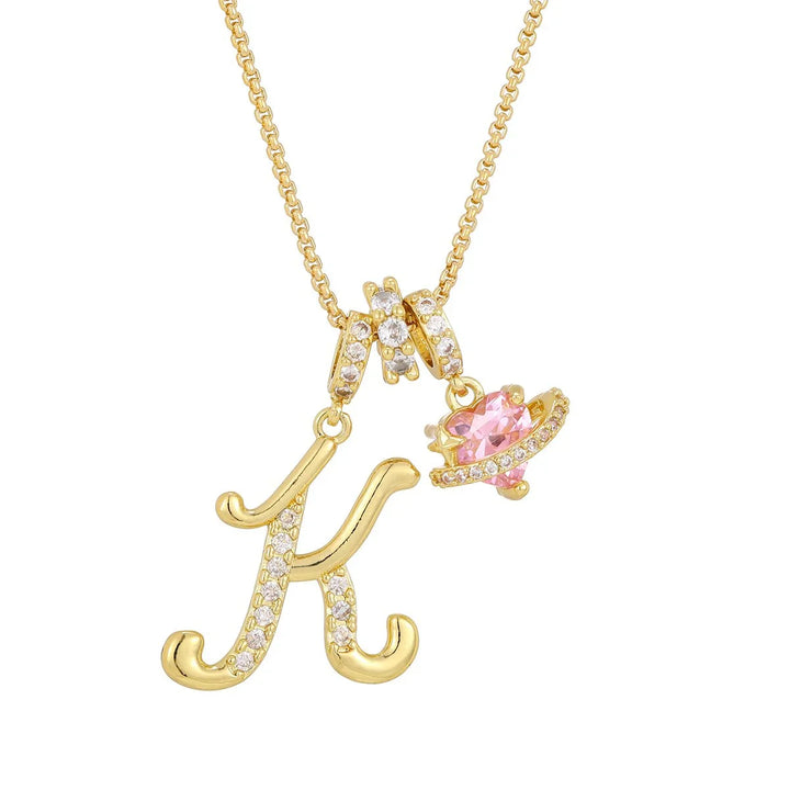 Nerute - Colar Com Inicial e Pingente em Forma de Coração Rosa