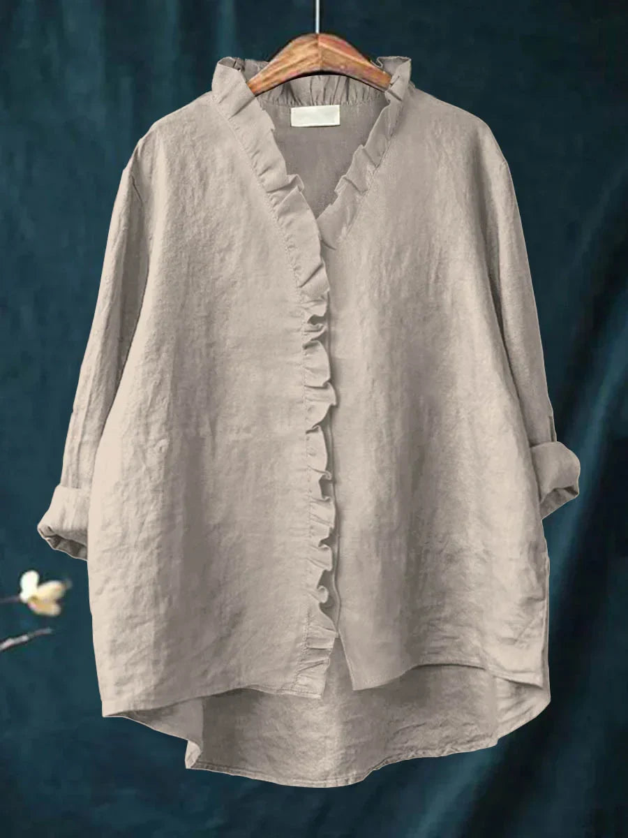 Sanela - Camisa Casual de Algodão e Linho com Folhos