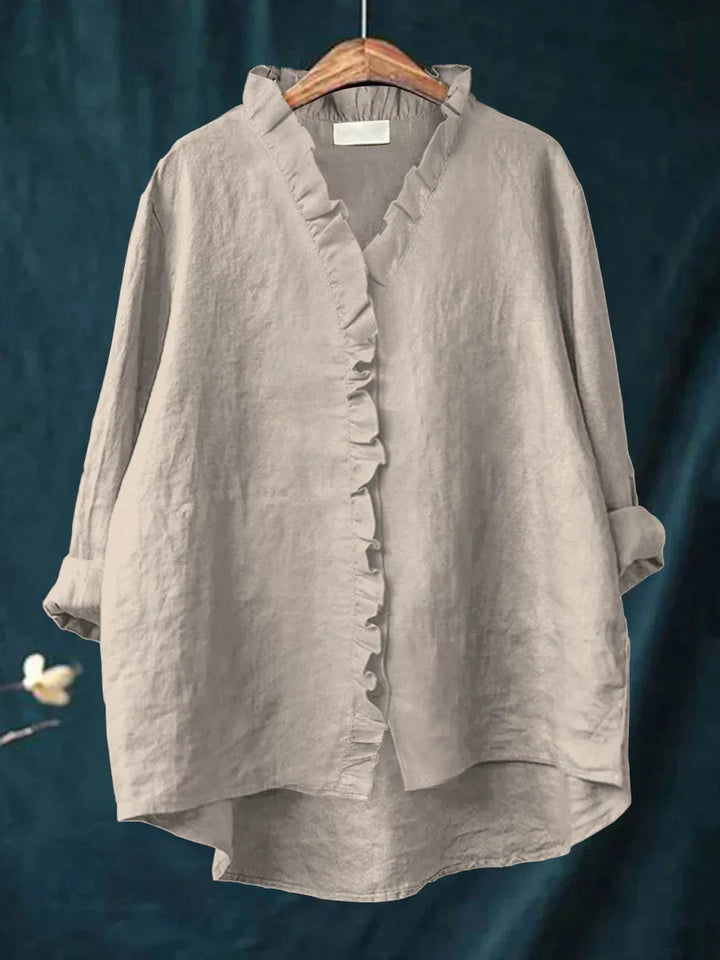 Sanela - Camisa Casual de Algodão e Linho com Folhos