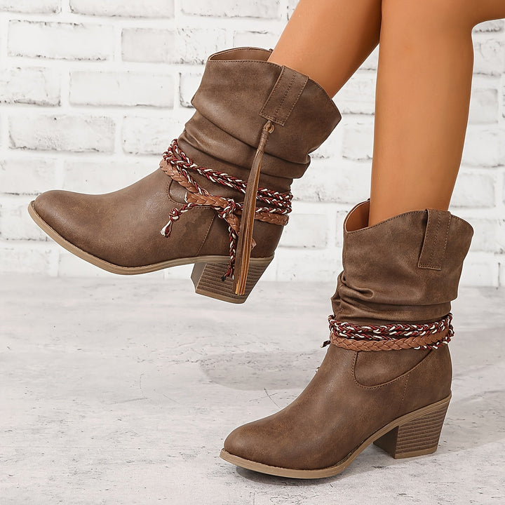 Asenath - Botas Elegantes Com Salto Grosso Em Corda