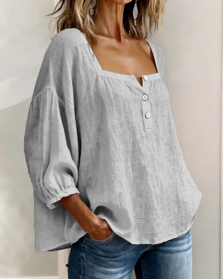 Leontien - Blusa De Algodão De Manga Comprida Com Decote Quadrado