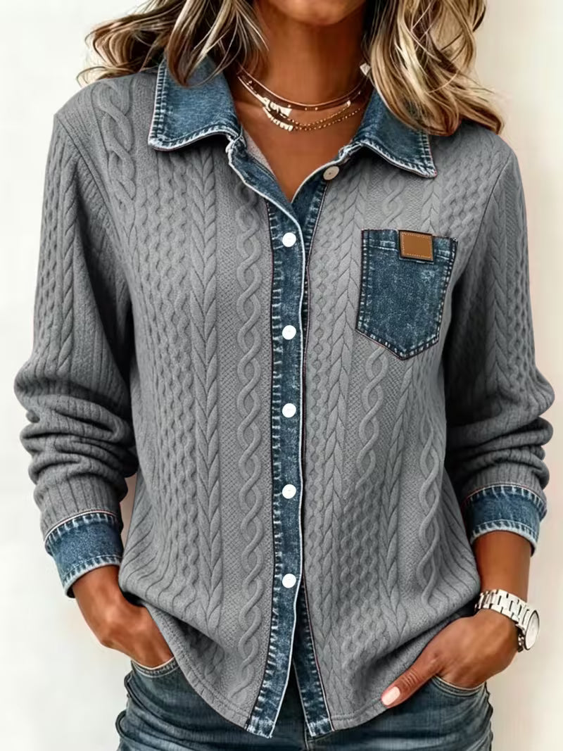 Eryna - Camisa de Manga Comprida em Malha Trançada Com Gola em Ganga