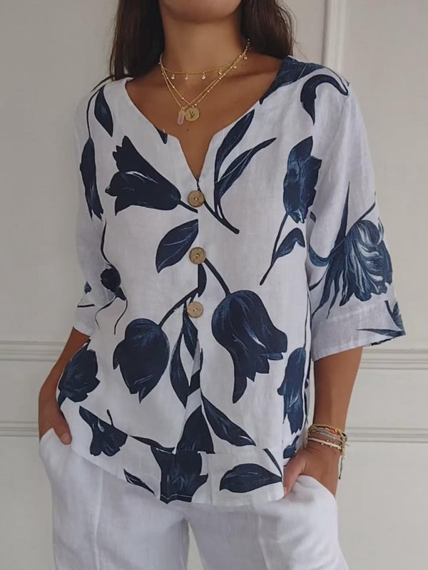 Despoina - Top Elegante Com Estampado Floral e Botões