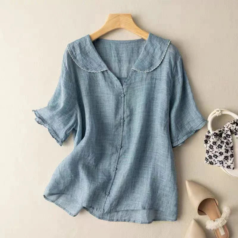 Sotiria - Blusa Elegante De Manga Curta Em Linho