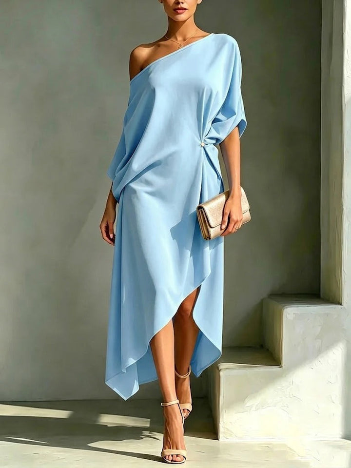 Elonia - Vestido Midi Assimétrico Com Ombros à Vista