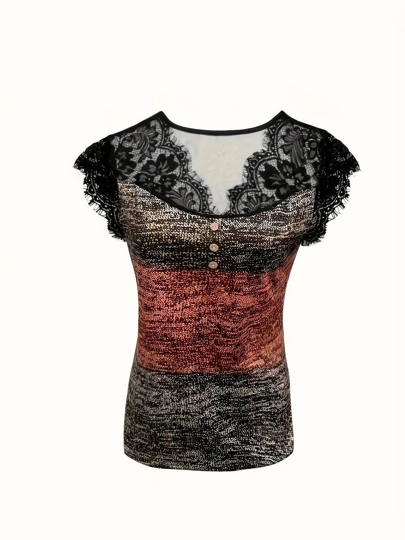 Sydona - T-Shirt Casual De Manga Curta Com Gola De Renda