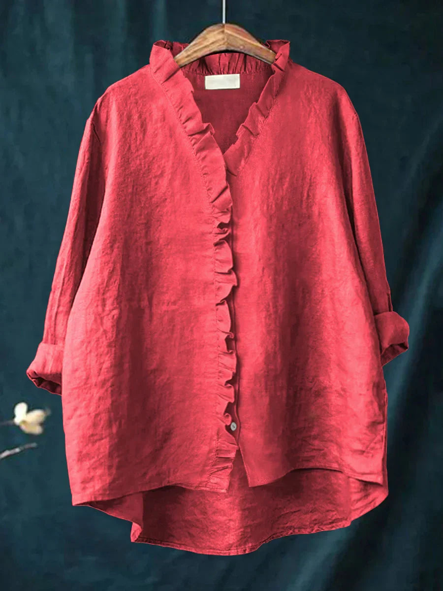 Sanela - Camisa Casual de Algodão e Linho com Folhos