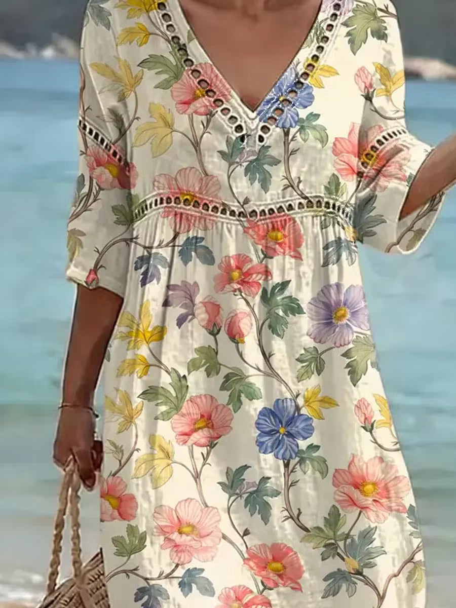 Nona - Vestido De Algodão E Linho Com Estampado Floral