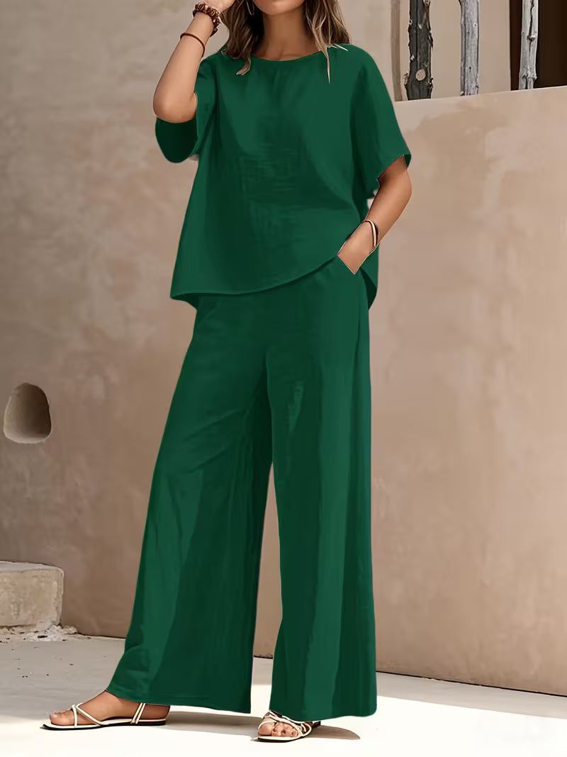 Josy - Conjunto de Camisa de Manga Curta e Calças de Perna Larga