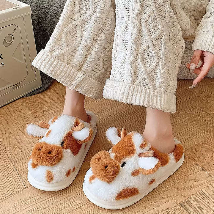 Faliza - Chinelos De Pelúcia Para Uso Doméstico Com Padrão De Vaca Malhada