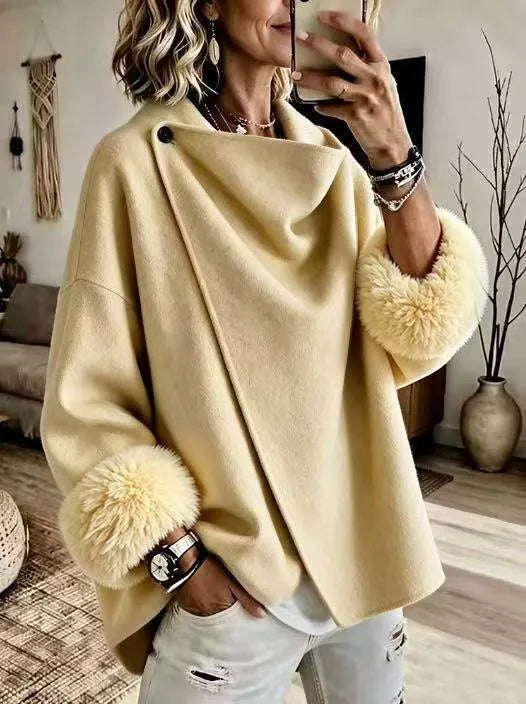 Mikila - Faux Fur Cuff Asymmetric Wool-Blend Jacket