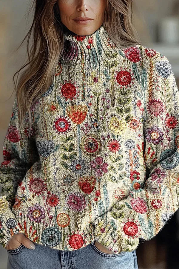 Nijole - Moletom Floral de Gola Alta e Mangas Compridas