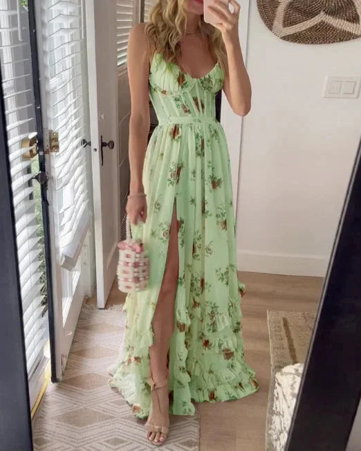 Vincena - Vestido Maxi Floral Com Bainha Com Folhos