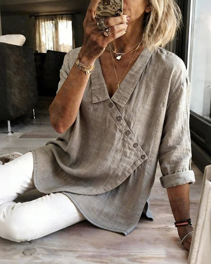 Ritienne - Blusa Confortável Com Gola E Botão Assimétrico