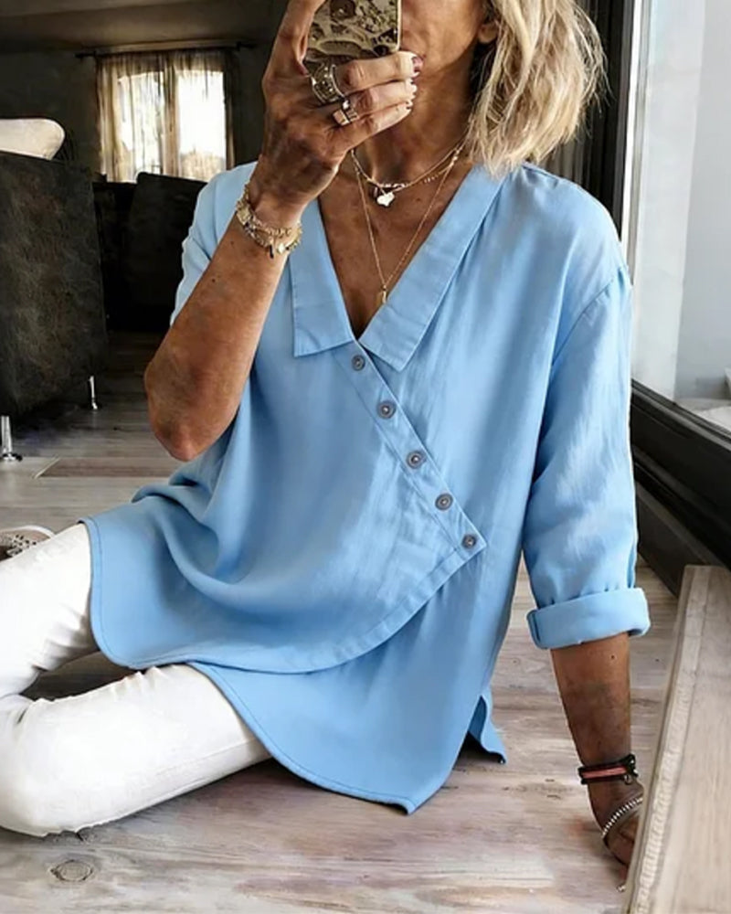 Ritienne - Blusa Confortável Com Gola E Botão Assimétrico