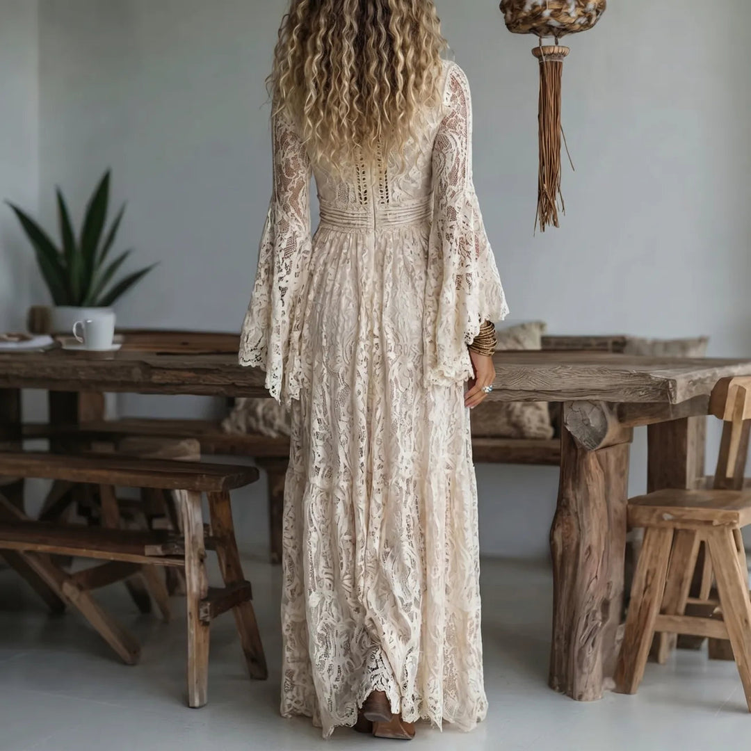 Chariya - Vestido Maxi Boémio Com Mangas Em Forma De Sino Em Renda Floral
