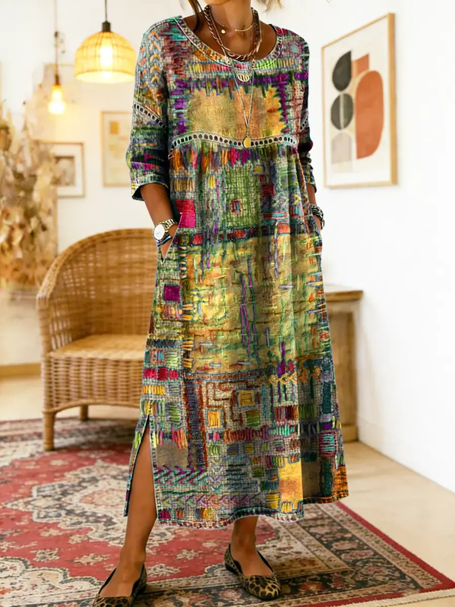 Nihada - Vestido Midi Artístico Com Corte Evasê